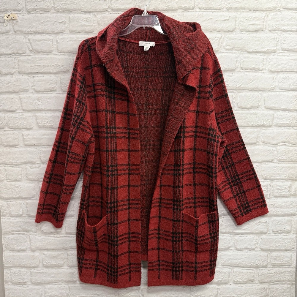CJ Banks Womans 2X Cardigan Sweater Red Buffalo Plaid Long Hooded w/ Pockets Top